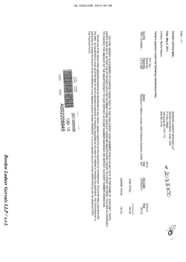 Canadian Patent Document 2812288. Fees 20130508. Image 1 of 1
