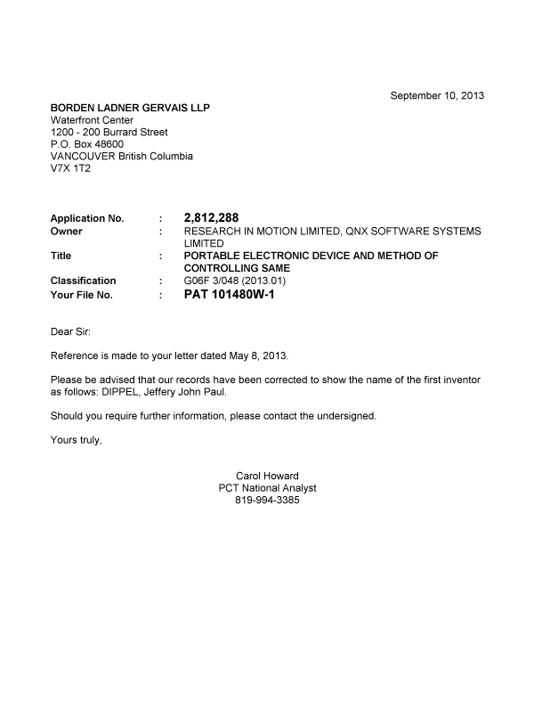 Document de brevet canadien 2812288. Correspondance 20130910. Image 1 de 1