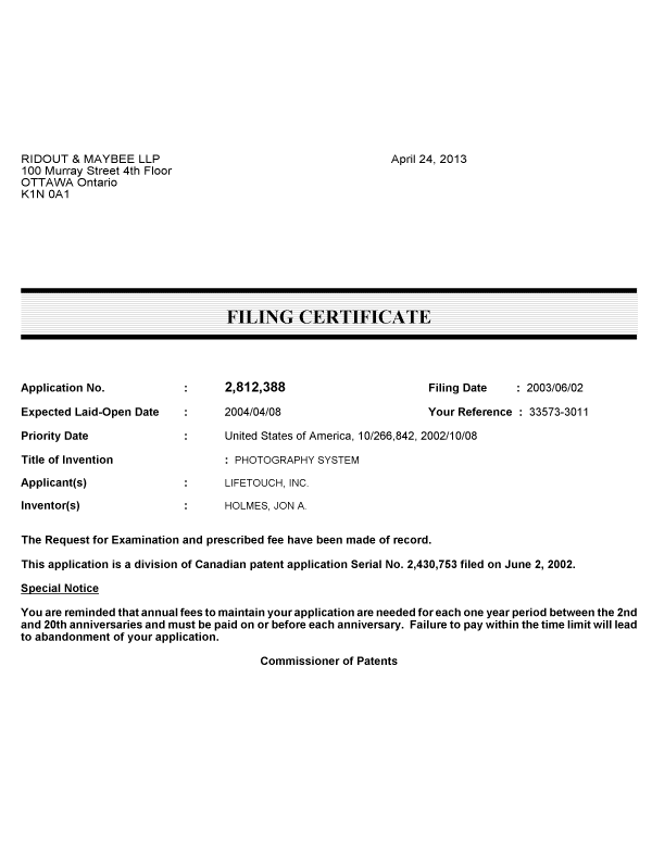 Canadian Patent Document 2812388. Correspondence 20130424. Image 1 of 1