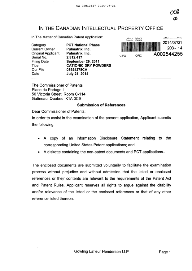 Canadian Patent Document 2812417. Prosecution-Amendment 20140721. Image 1 of 2