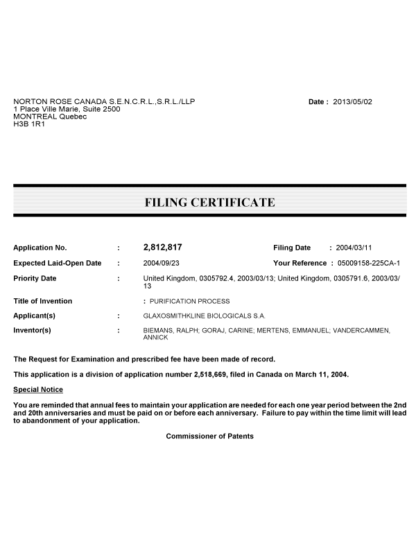 Canadian Patent Document 2812817. Correspondence 20130502. Image 1 of 1