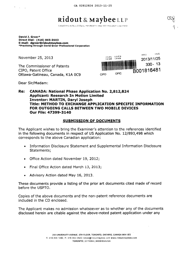 Canadian Patent Document 2812824. Prosecution-Amendment 20121225. Image 1 of 3