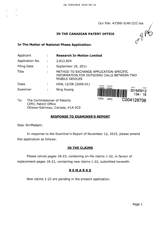 Canadian Patent Document 2812824. Prosecution-Amendment 20151212. Image 1 of 10
