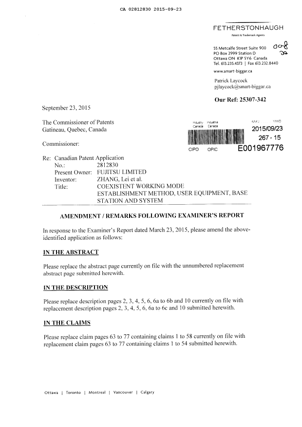 Canadian Patent Document 2812830. Prosecution-Amendment 20141223. Image 1 of 46