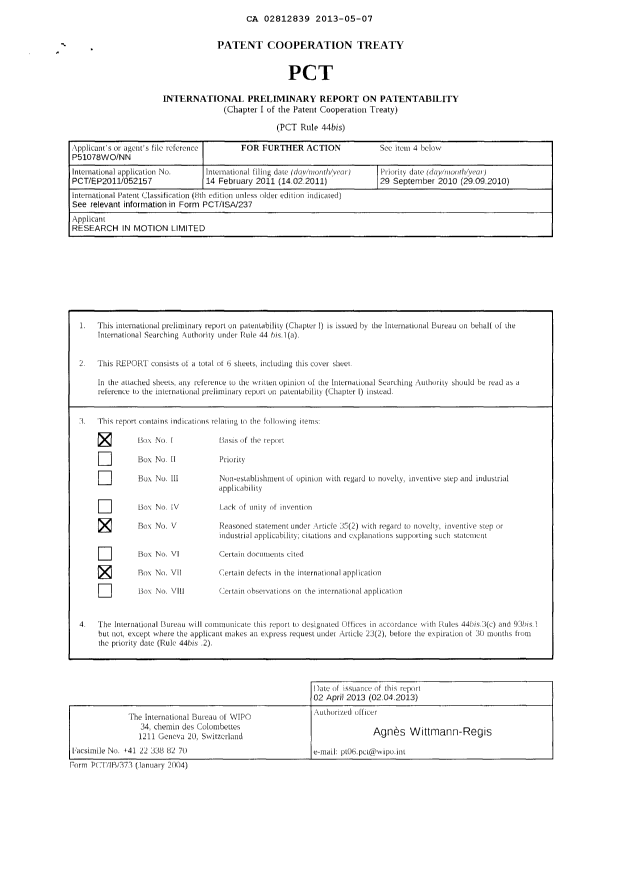 Canadian Patent Document 2812839. PCT 20130507. Image 1 of 6