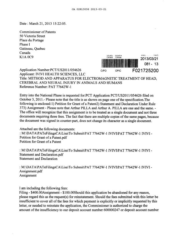 Document de brevet canadien 2813036. Cession 20130321. Image 1 de 18