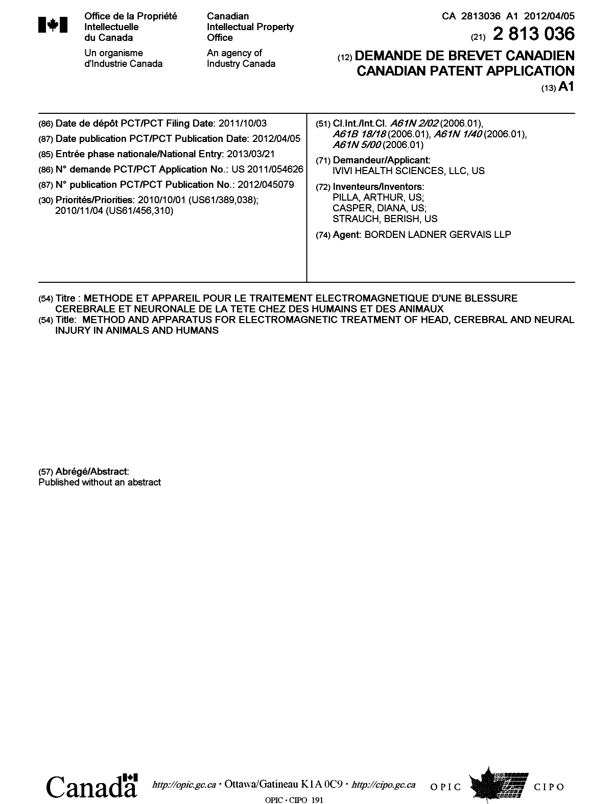 Canadian Patent Document 2813036. Cover Page 20130614. Image 1 of 1