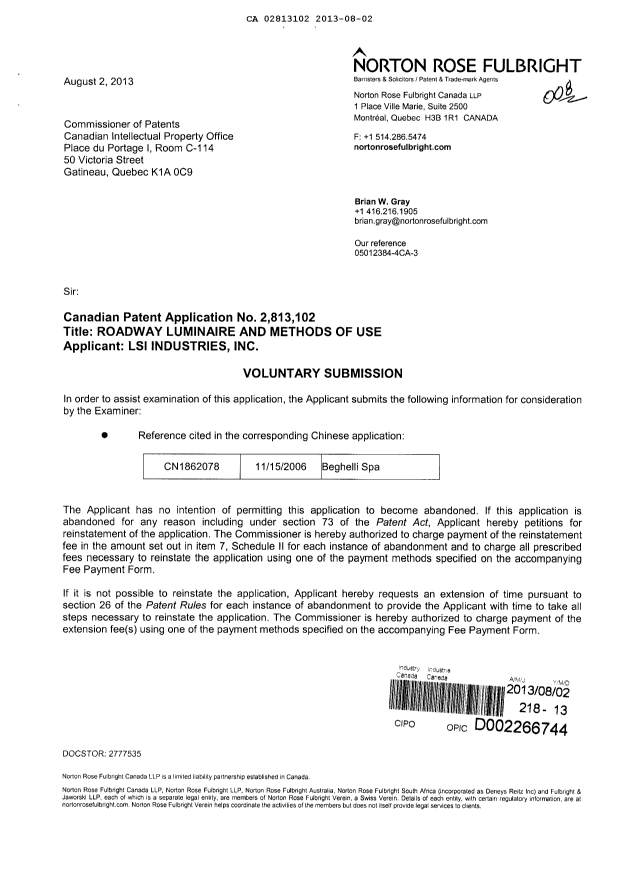 Document de brevet canadien 2813102. Poursuite-Amendment 20130802. Image 1 de 2