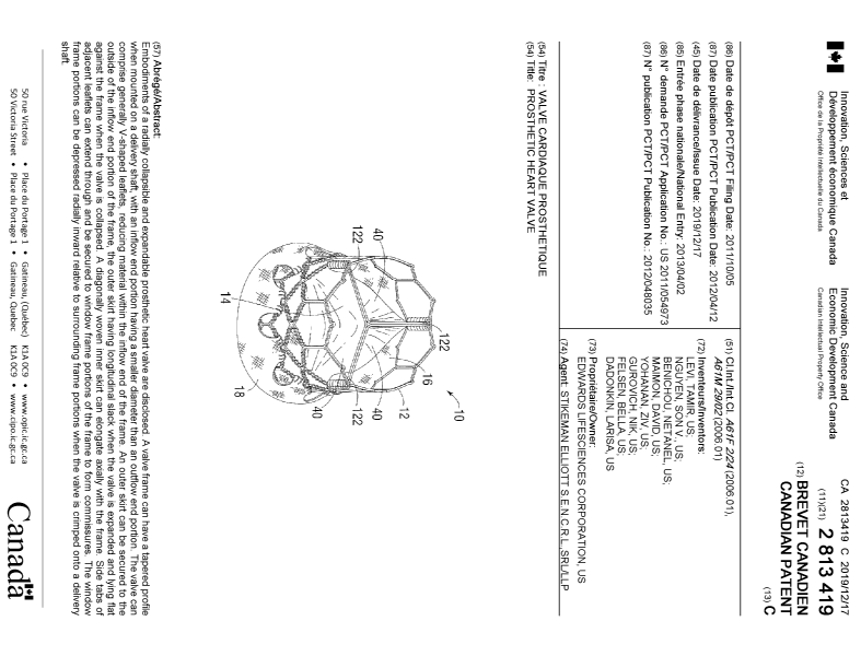 Document de brevet canadien 2813419. Page couverture 20191120. Image 1 de 1