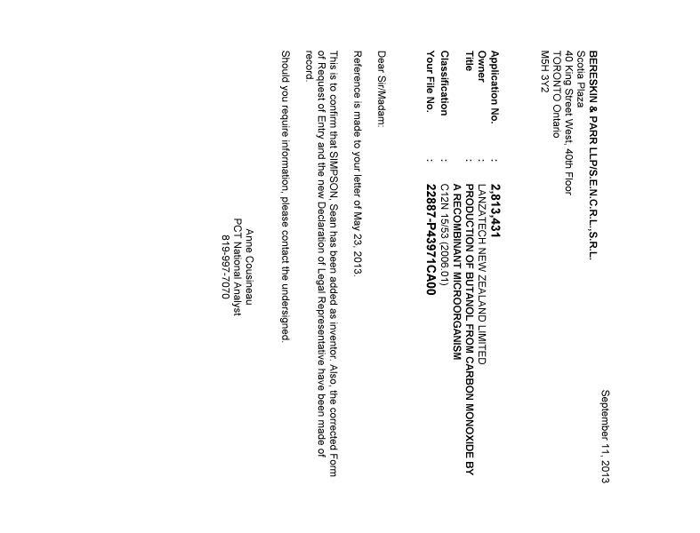 Document de brevet canadien 2813431. Correspondance 20121211. Image 1 de 1