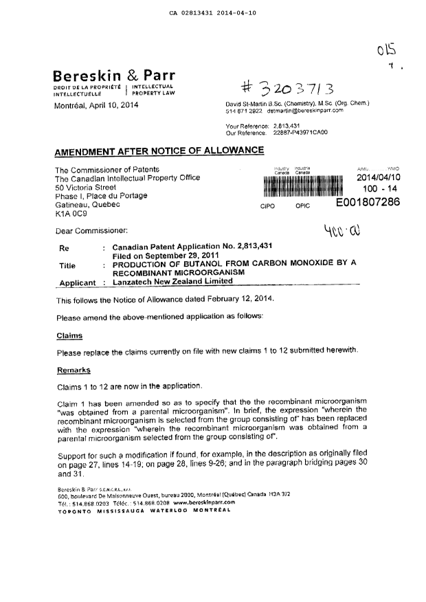 Canadian Patent Document 2813431. Prosecution-Amendment 20131210. Image 1 of 4