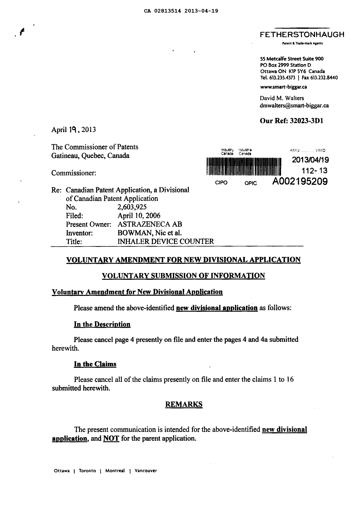 Canadian Patent Document 2813514. Prosecution-Amendment 20130419. Image 1 of 8