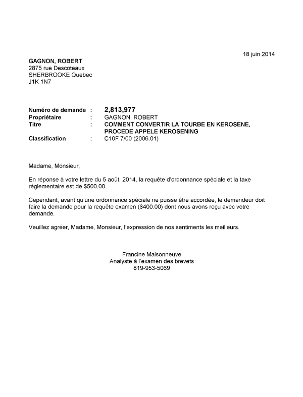 Document de brevet canadien 2813977. Correspondance 20131218. Image 1 de 1