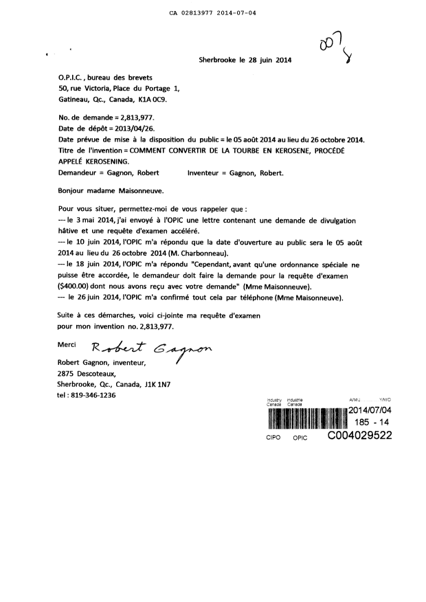 Canadian Patent Document 2813977. Prosecution-Amendment 20140704. Image 1 of 2