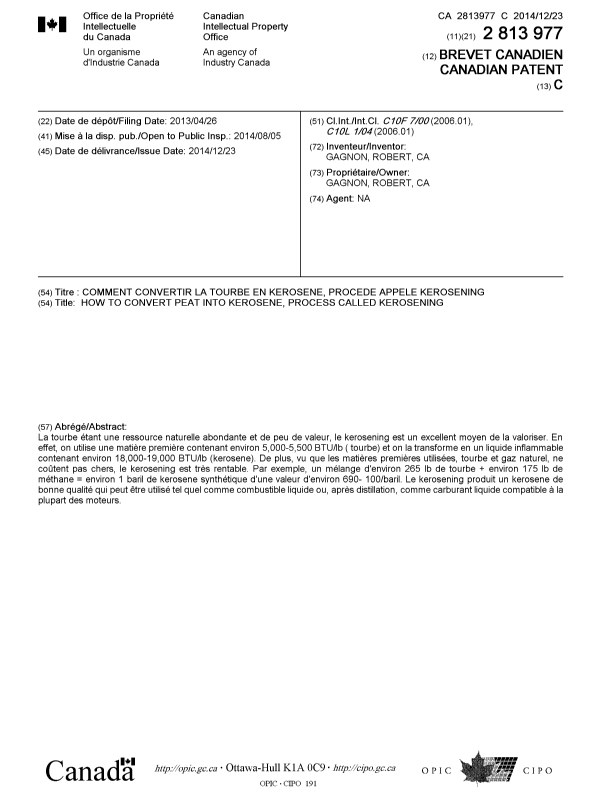 Canadian Patent Document 2813977. Cover Page 20141202. Image 1 of 1