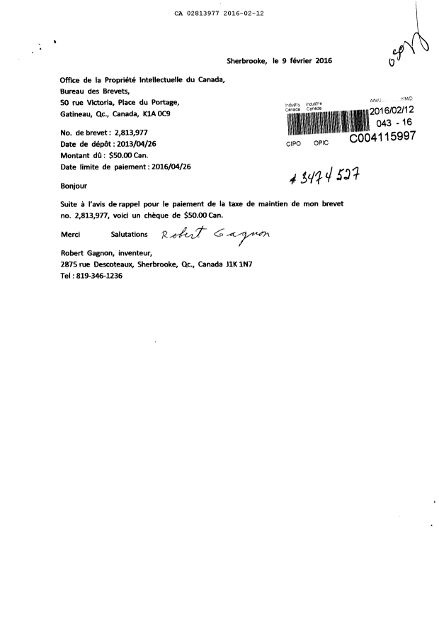 Document de brevet canadien 2813977. Taxes 20151212. Image 1 de 2