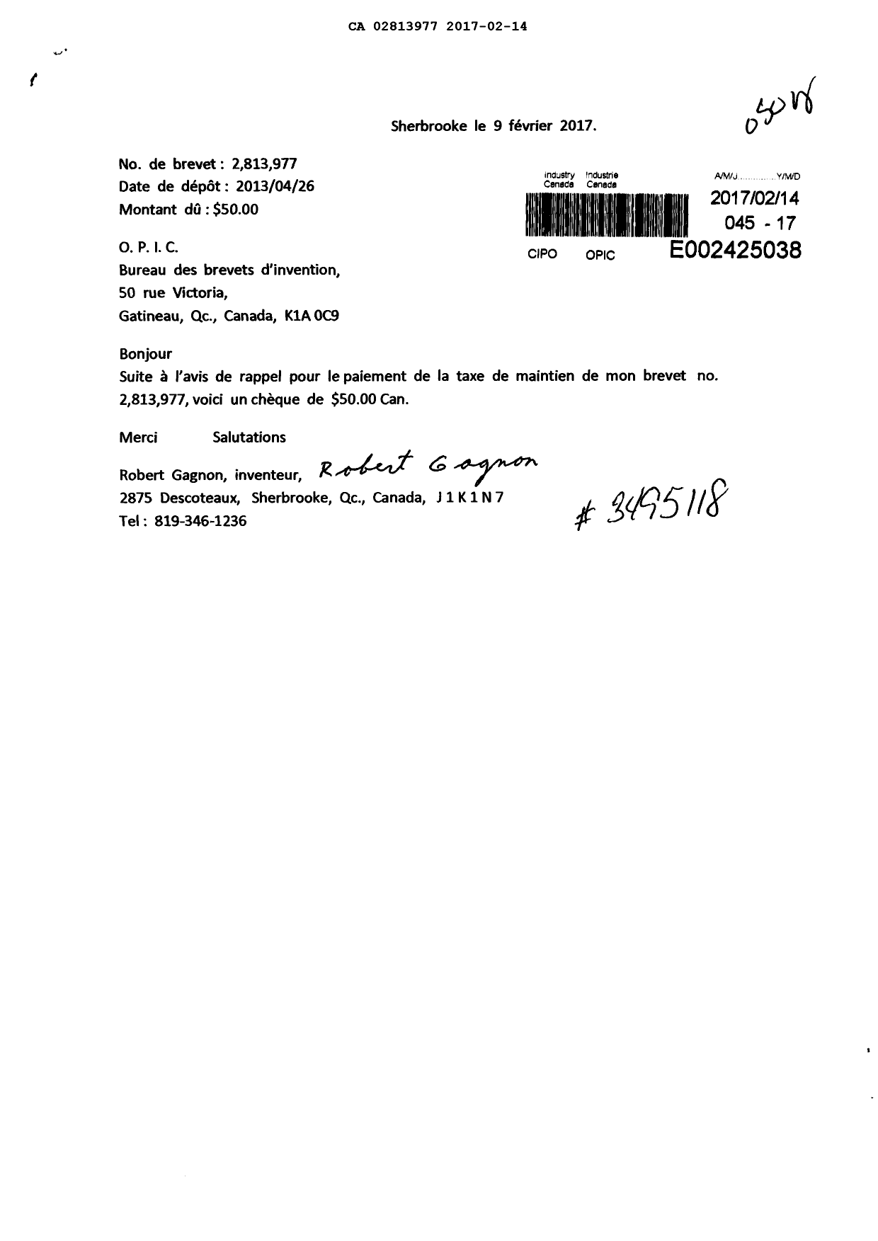 Document de brevet canadien 2813977. Taxes 20161214. Image 1 de 2