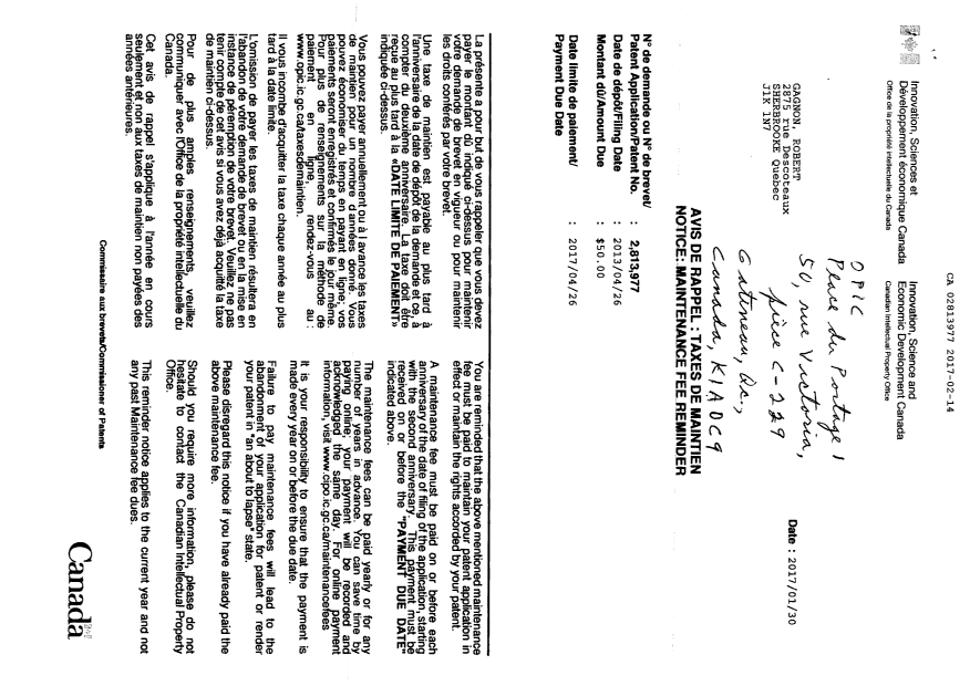 Document de brevet canadien 2813977. Taxes 20161214. Image 2 de 2