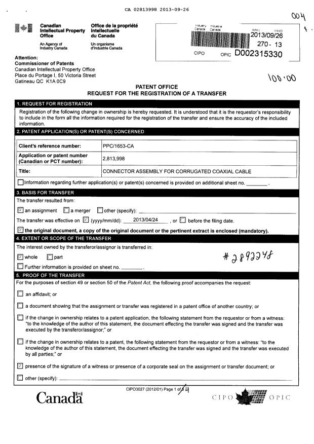 Document de brevet canadien 2813998. Cession 20130926. Image 1 de 9