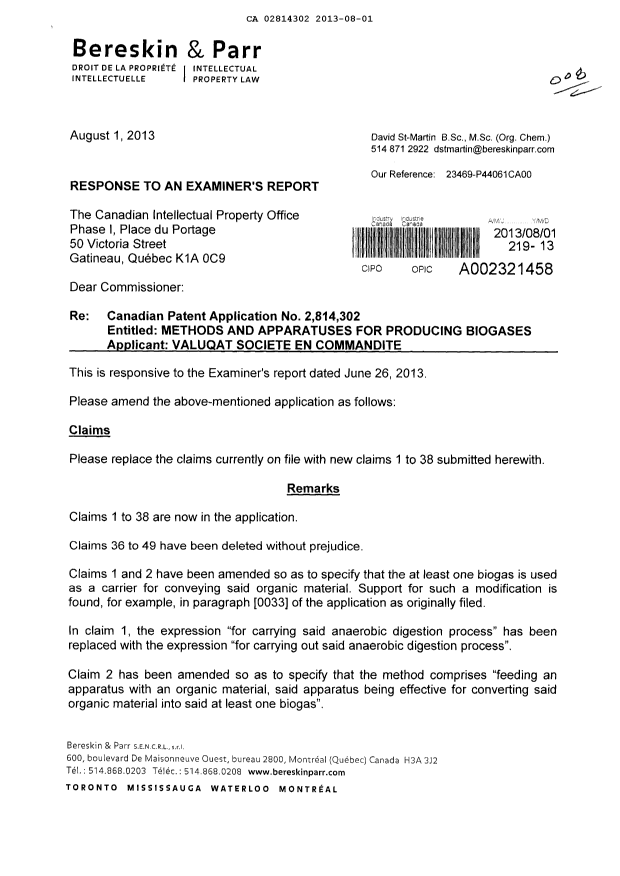 Canadian Patent Document 2814302. Prosecution-Amendment 20121201. Image 1 of 7