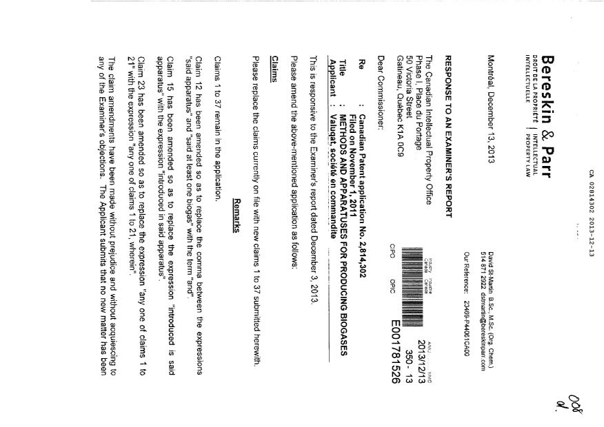 Canadian Patent Document 2814302. Prosecution-Amendment 20121213. Image 1 of 7