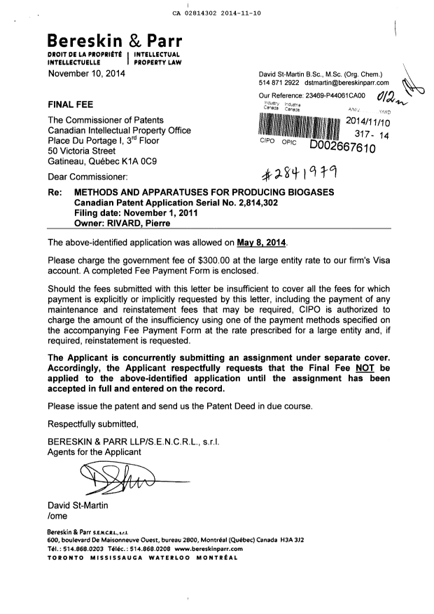 Canadian Patent Document 2814302. Correspondence 20131210. Image 1 of 1