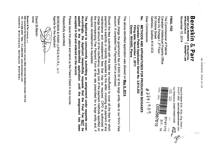 Document de brevet canadien 2814302. Correspondance 20131210. Image 1 de 1