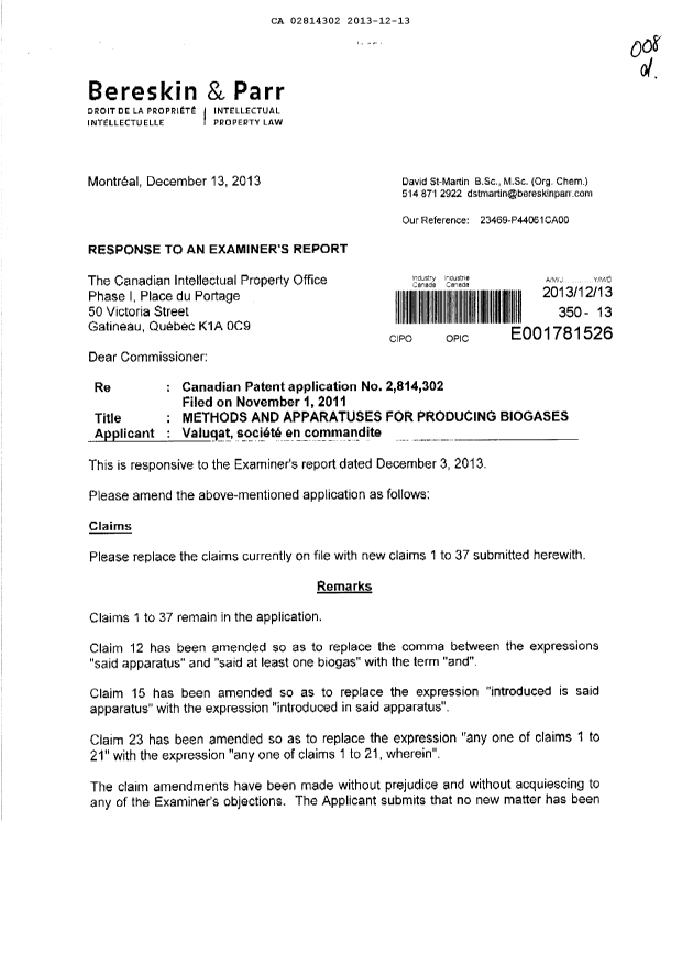 Canadian Patent Document 2814302. Prosecution-Amendment 20131213. Image 1 of 7