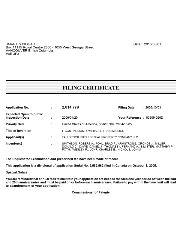 Document de brevet canadien 2814779. Correspondance 20130521. Image 1 de 1