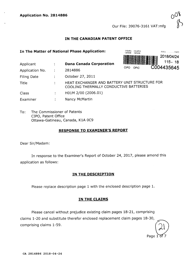 Canadian Patent Document 2814886. Amendment 20180424. Image 1 of 21