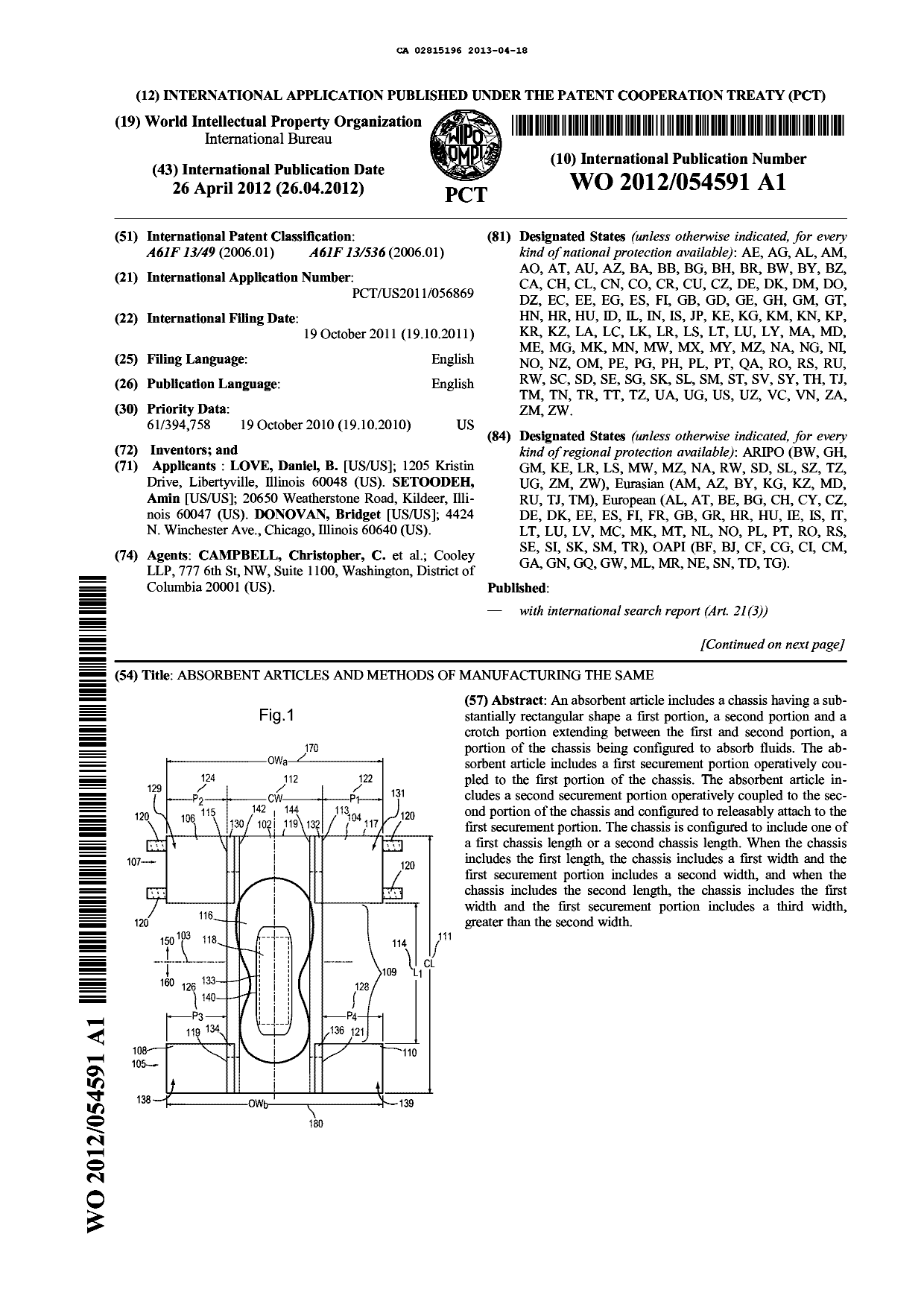 Canadian Patent Document 2815196. Abstract 20130418. Image 1 of 2