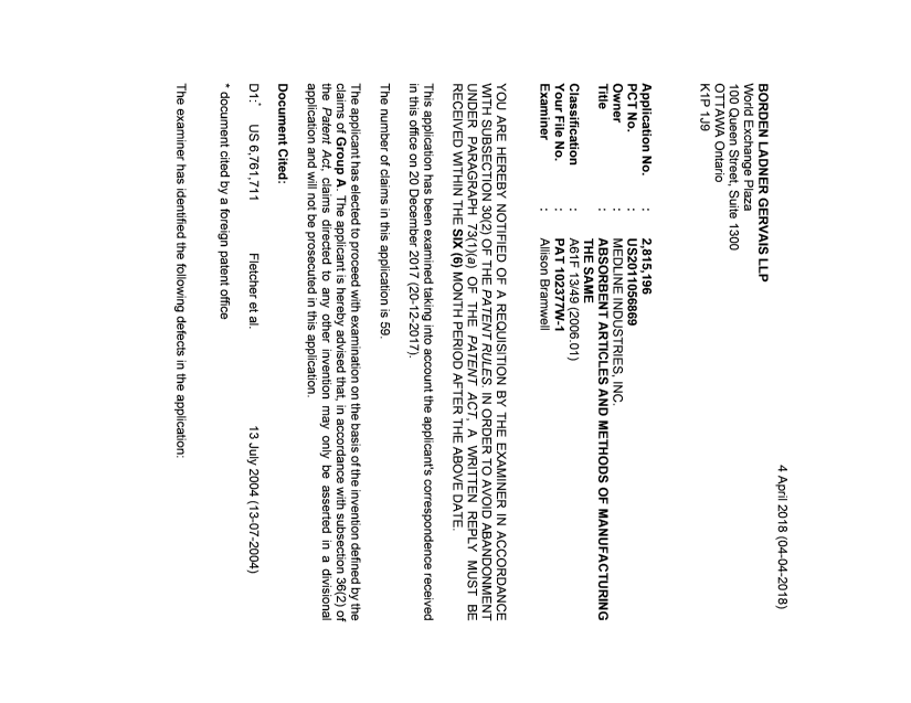 Canadian Patent Document 2815196. Examiner Requisition 20180404. Image 1 of 5