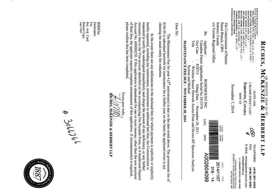 Document de brevet canadien 2815376. Taxes 20141107. Image 1 de 1