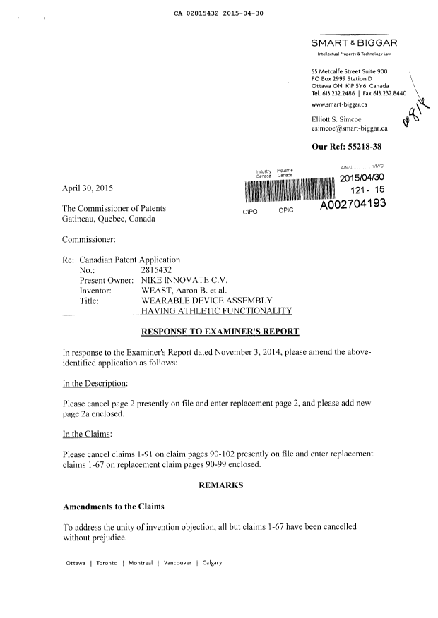 Document de brevet canadien 2815432. Poursuite-Amendment 20141230. Image 1 de 15