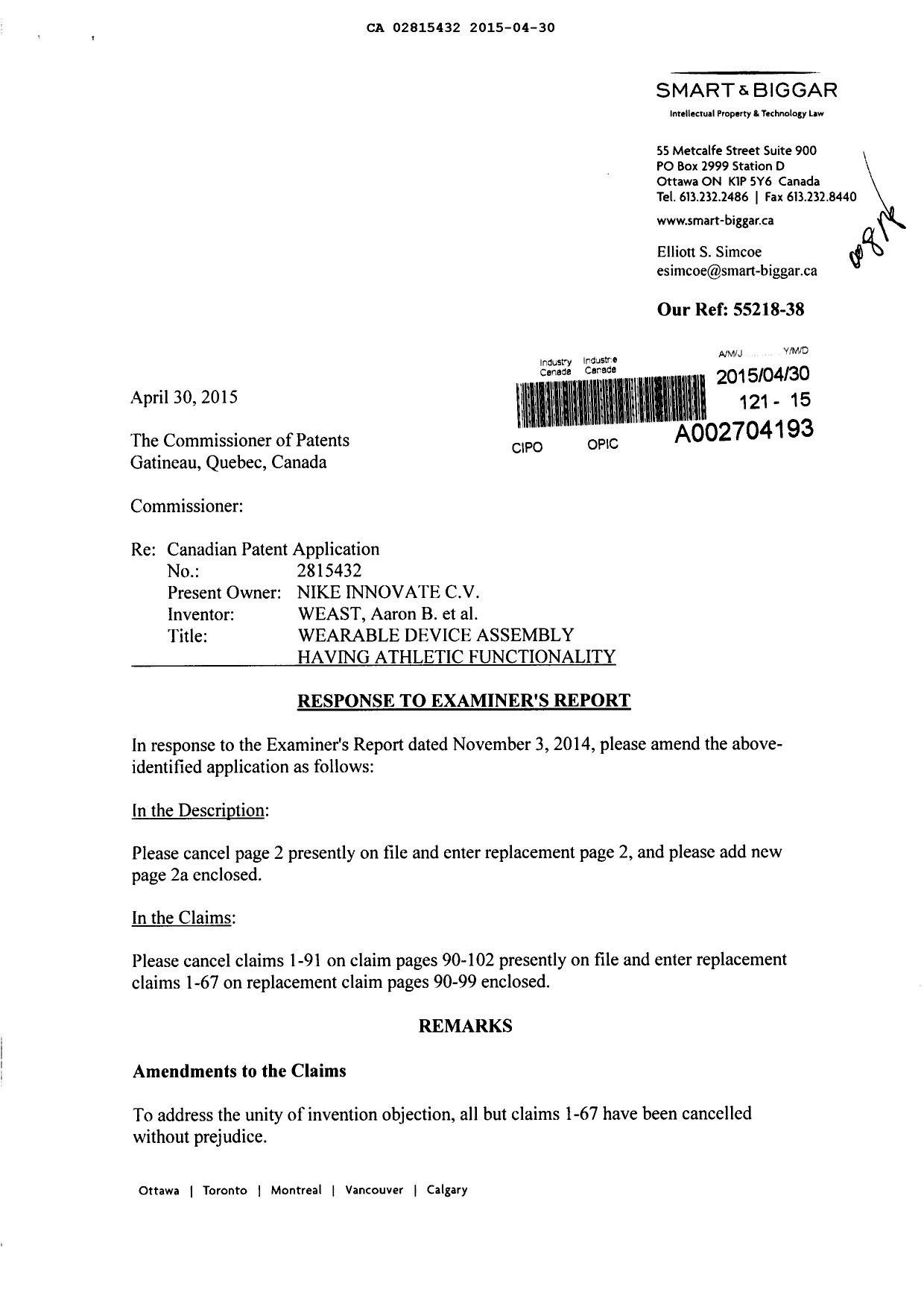 Canadian Patent Document 2815432. Prosecution-Amendment 20141230. Image 1 of 15