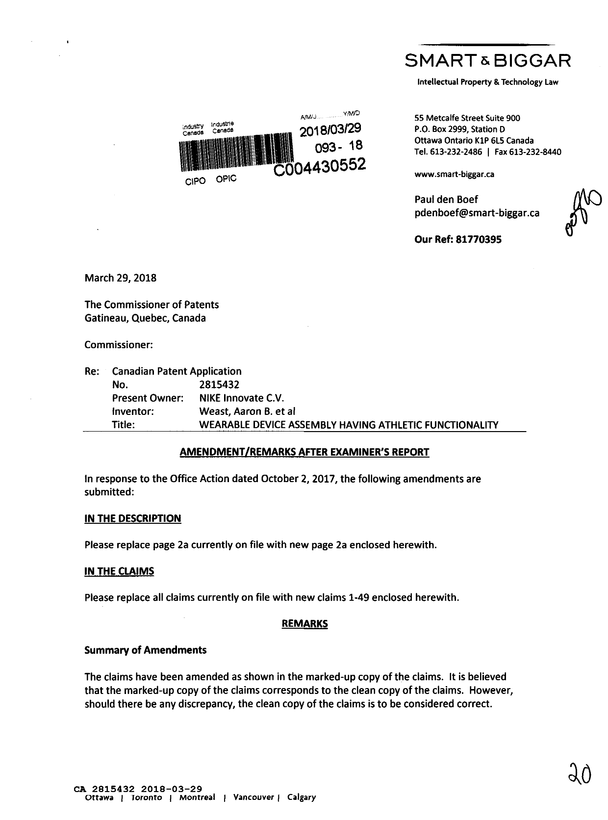 Canadian Patent Document 2815432. Prosecution-Amendment 20171229. Image 1 of 20
