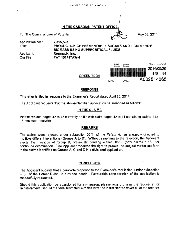 Document de brevet canadien 2815597. Poursuite-Amendment 20131226. Image 1 de 5