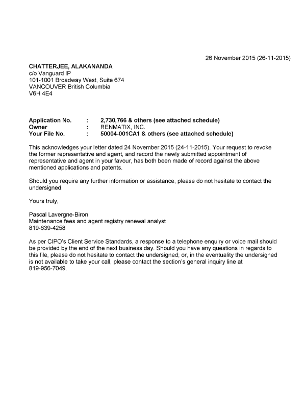 Canadian Patent Document 2815597. Office Letter 20151126. Image 1 of 2