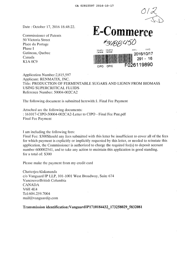 Document de brevet canadien 2815597. Correspondance 20151217. Image 1 de 2