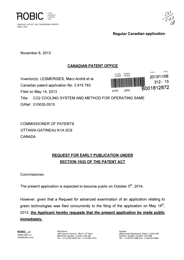Document de brevet canadien 2815783. Correspondance 20121206. Image 1 de 3