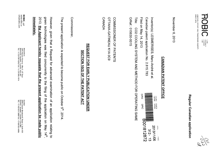 Document de brevet canadien 2815783. Correspondance 20121206. Image 1 de 3