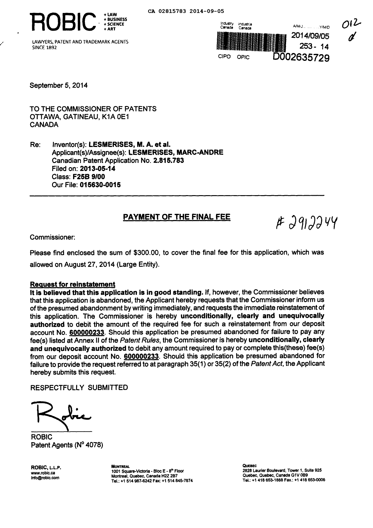 Canadian Patent Document 2815783. Correspondence 20131205. Image 1 of 2