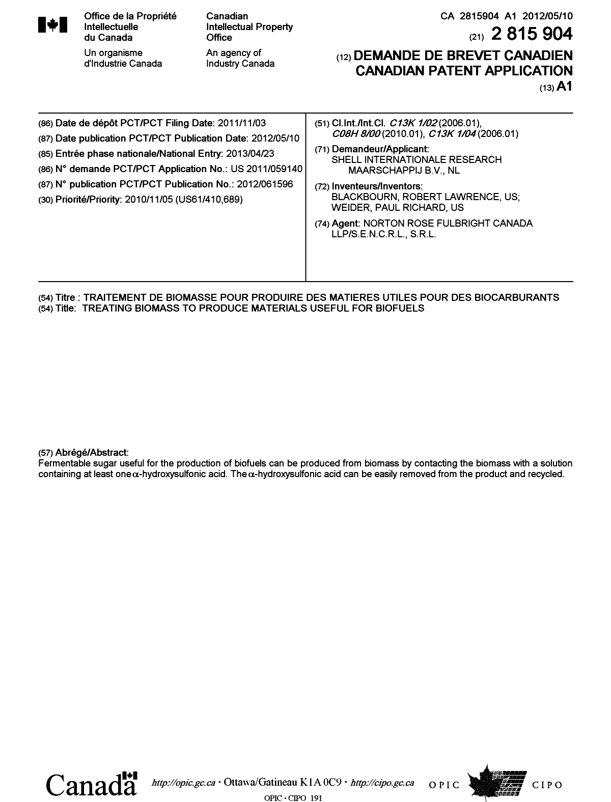 Document de brevet canadien 2815904. Page couverture 20121211. Image 1 de 1