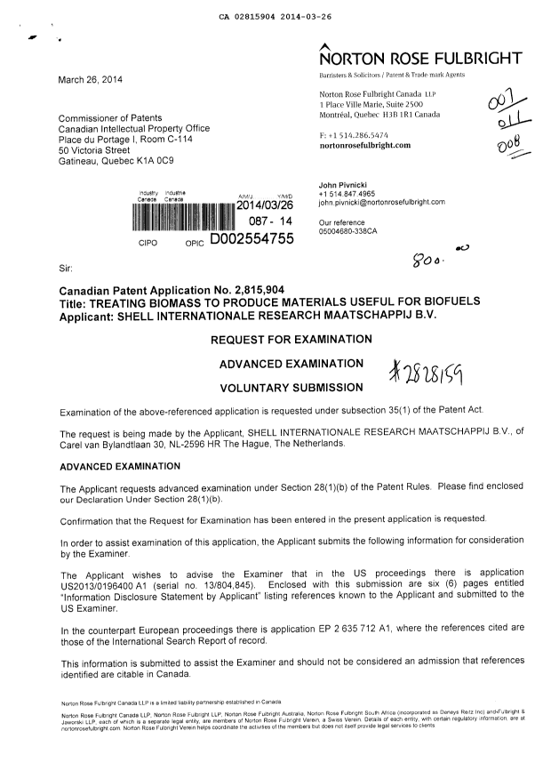 Document de brevet canadien 2815904. Poursuite-Amendment 20131226. Image 1 de 3