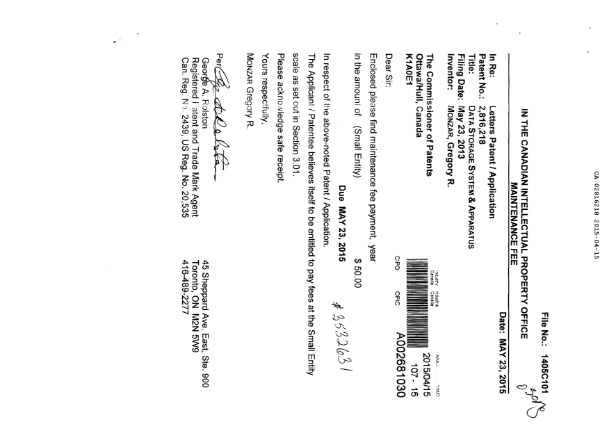 Canadian Patent Document 2816218. Fees 20150415. Image 1 of 1