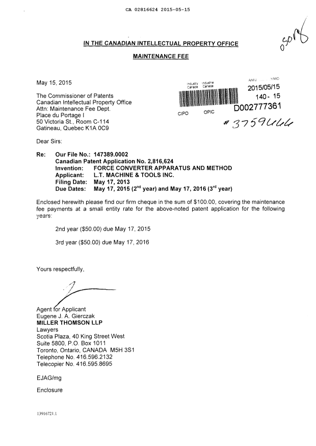 Document de brevet canadien 2816624. Taxes 20141215. Image 1 de 1