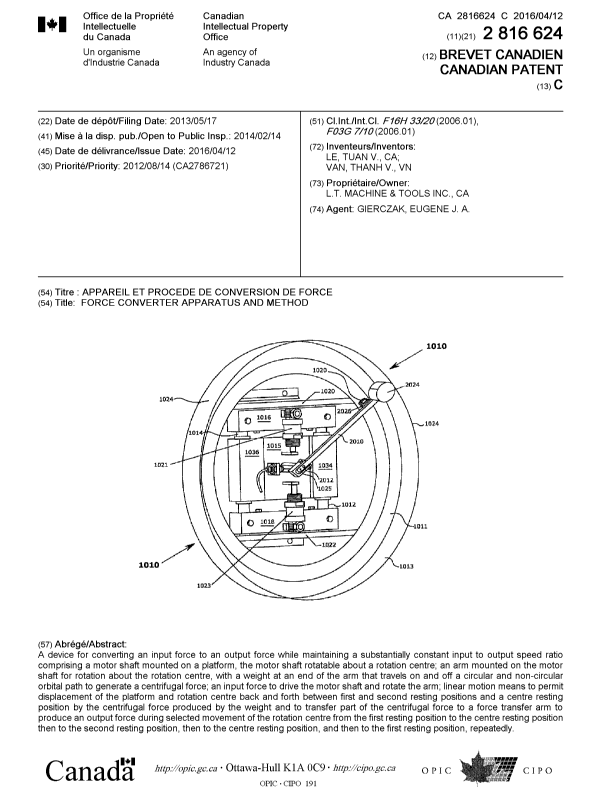Canadian Patent Document 2816624. Cover Page 20151225. Image 1 of 1