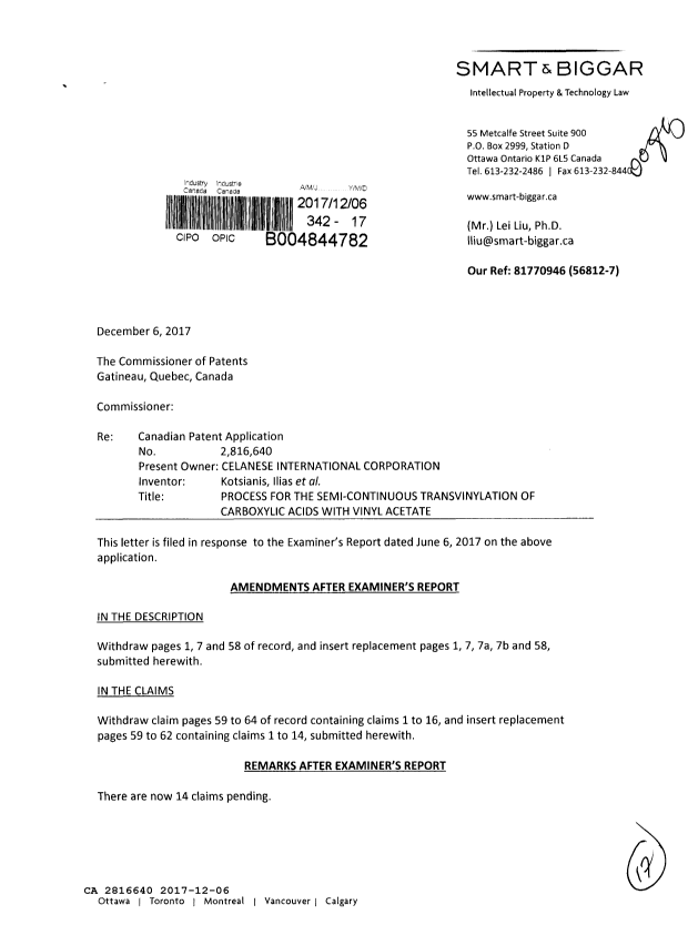 Canadian Patent Document 2816640. Prosecution-Amendment 20161206. Image 1 of 17