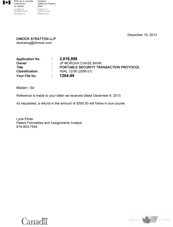 Document de brevet canadien 2816996. Correspondance 20131219. Image 1 de 1