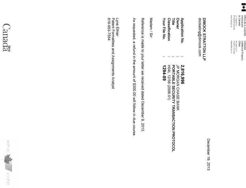 Canadian Patent Document 2816996. Correspondence 20131219. Image 1 of 1